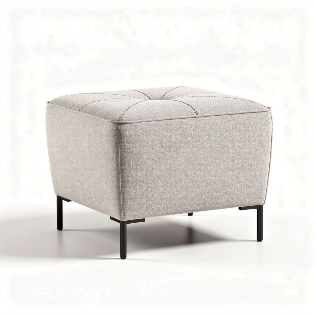 Fabric upholstered ottoman with natural wood base - 60 x 60 x 35cm