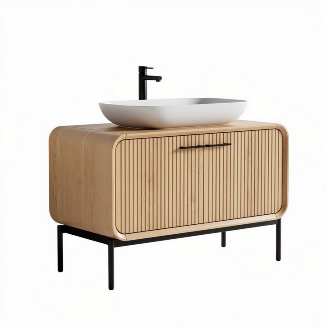 Natural wood vanity cabinet with vessel sink – 75 x 45 x 90cm