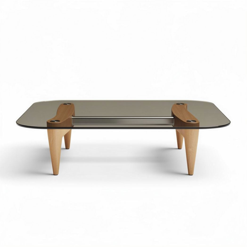 Glass coffee table with wooden legs - 120 x 80 x 35cm